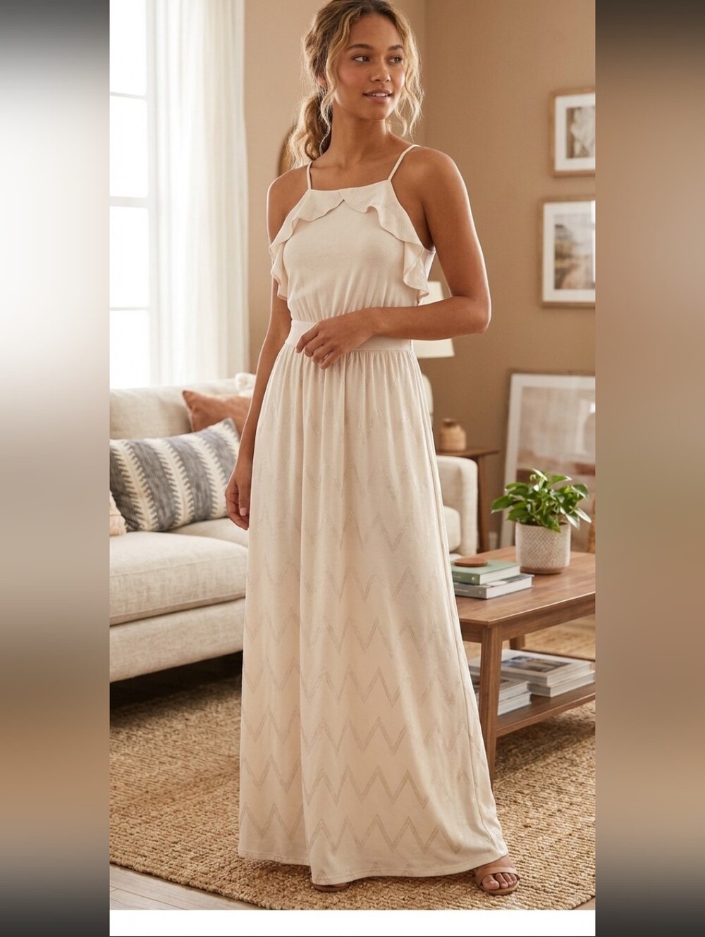 Altar'd State Metallic Chevron Shimmer Maxi Dress - Halter Ruffle Neck